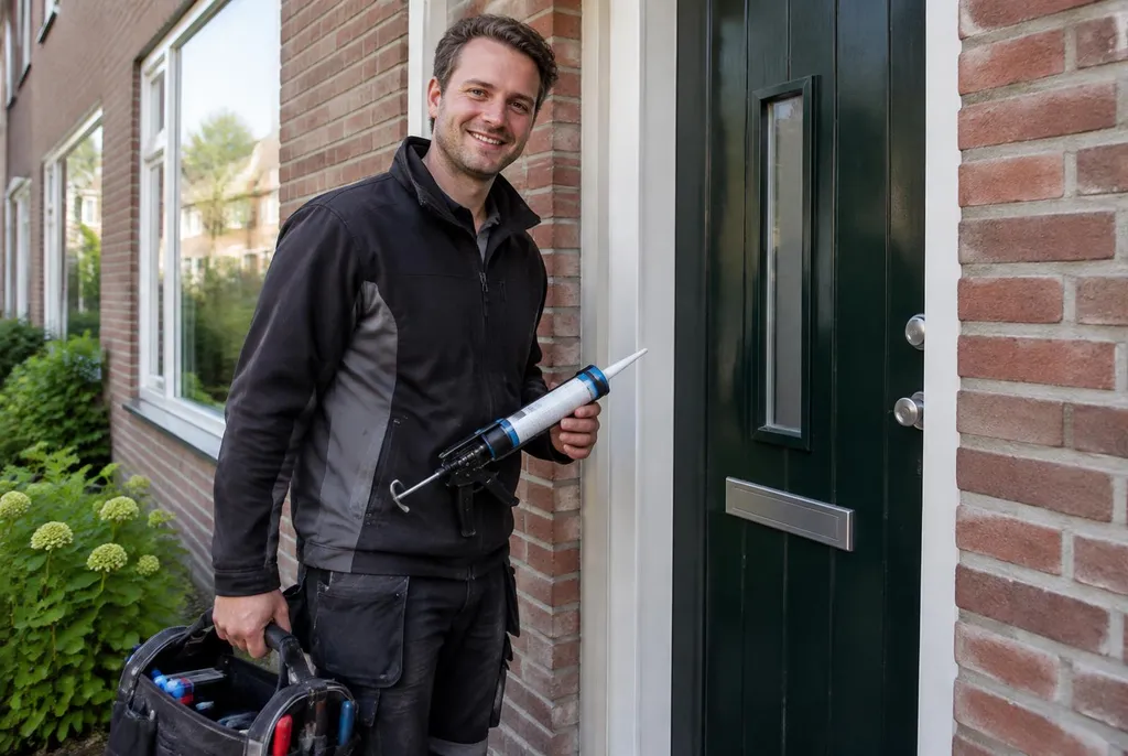 Vakman van Kitbedrijf Leersum bij de voordeur van een woning